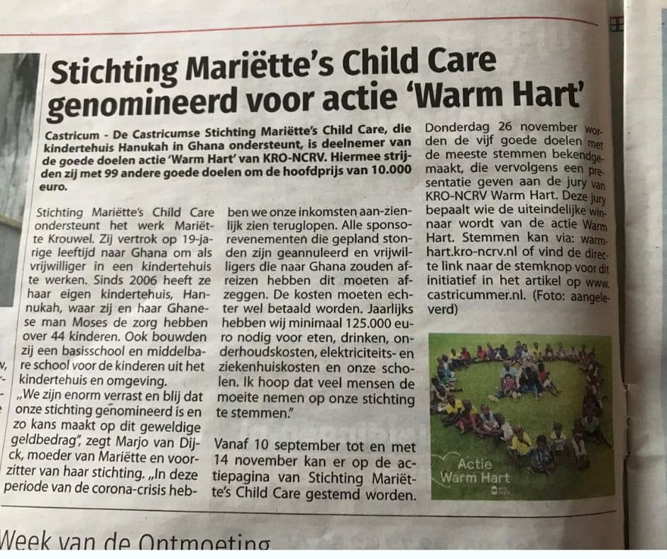 We zijn genomineerd voor actie Warm Hart van KRO-NCRV